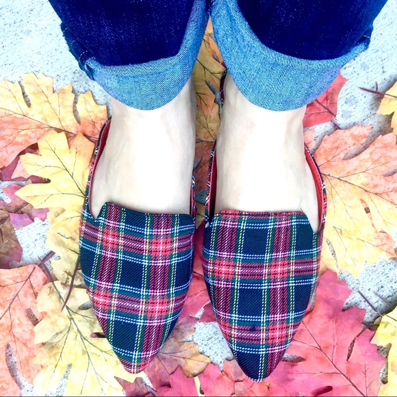 LAST PAIR Tweed Plaid Mules - Red Tartan Flat - Picture 2 of 8